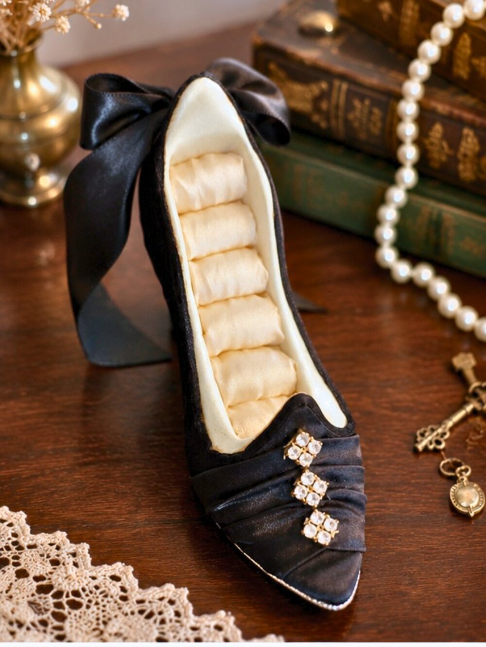 Vintage Black Satin High Heel Ring Holder / Jewelry Display